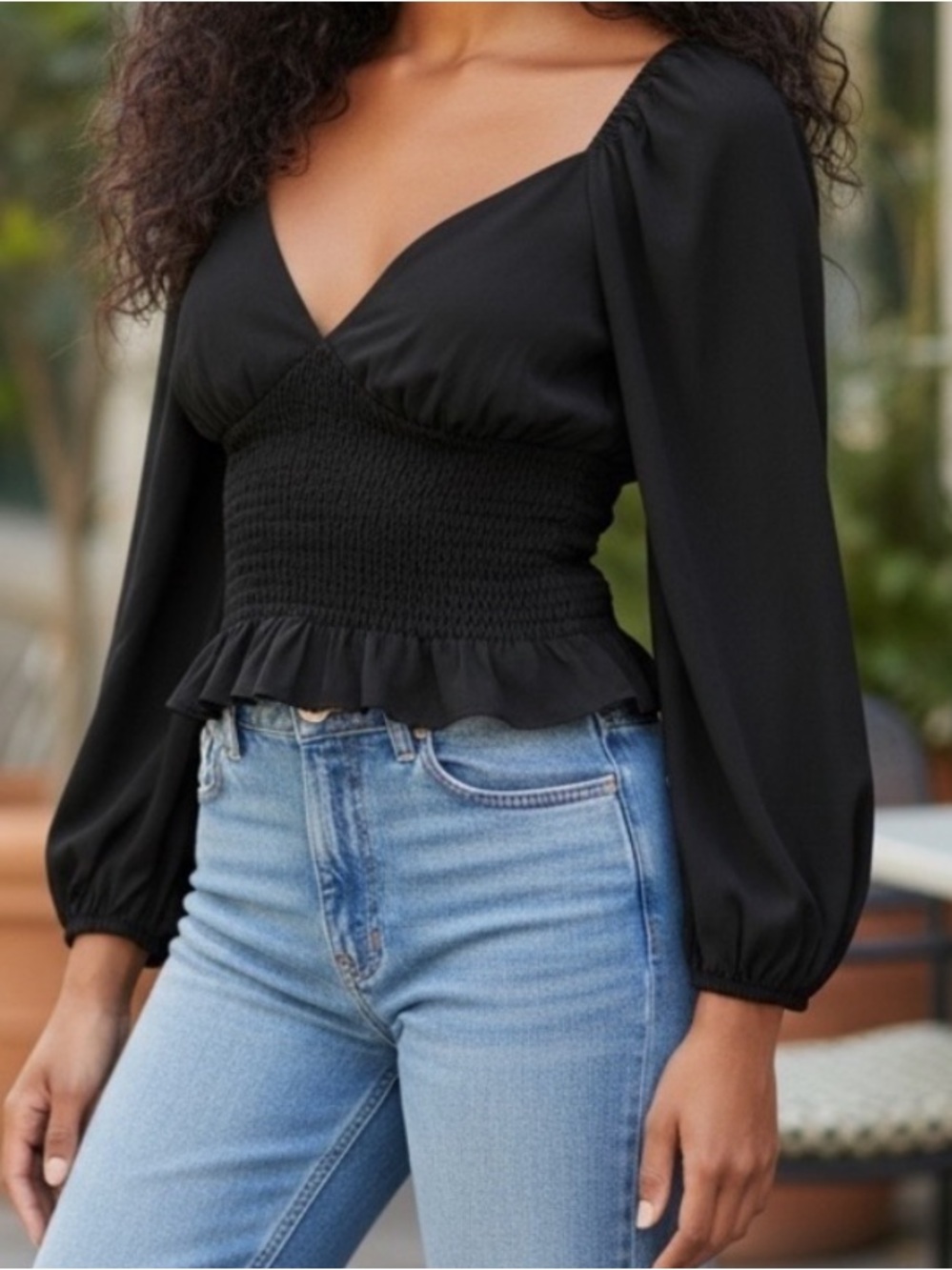 Wayf Smocked Raglan Blouse Black Size Small, worn 1x